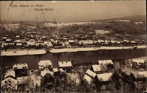 Ak Pötzscha Wehlen an der Elbe Sächsische Schweiz, Panorama vom Ort, Winter