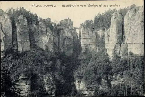 Ak Lohmen Sächsische Schweiz, Basteibrücke vom Wehlgrund aus