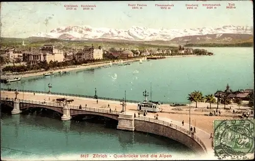 Ak Zürich Stadt Schweiz, Quaibrücke, Alpen
