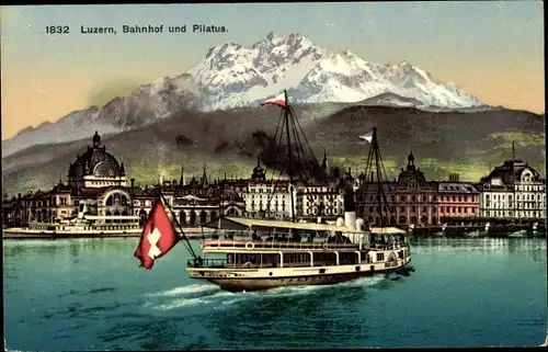 Ak Luzern Stadt Schweiz, Bahnhof und Pilatus