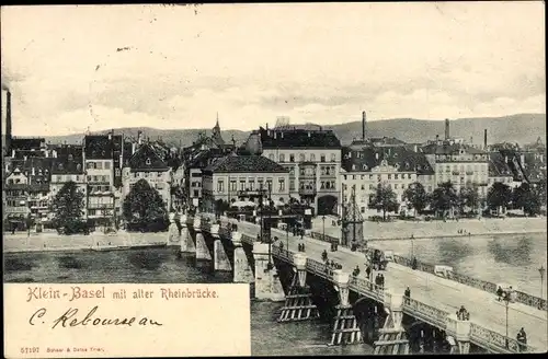 Ak Basel Bâle Stadt Schweiz, Panorama mit alter Rheinbrücke