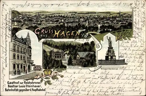 Litho Hagen in Westfalen, Panorama, Gasthof zur Reichskrone, Bahnhofstraße, Waldlust, Kriegerdenkmal