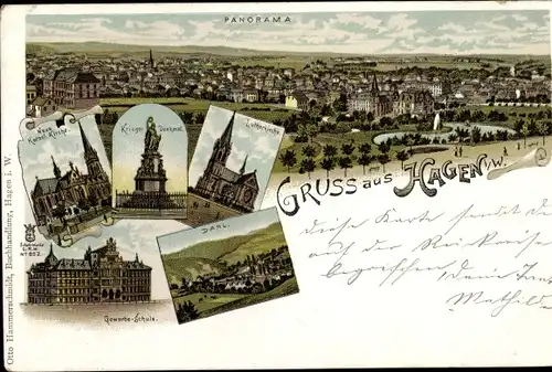 Litho Hagen in Westfalen Ruhrgebiet, Panorama, Kirche, Kriegerdenkmal, Gewerbeschule, Dahl