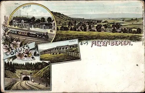 Litho Altenbeken in Westfalen, Bahnhof, Gleisseite, Tunnel, Viadukt, Blick auf den Ort