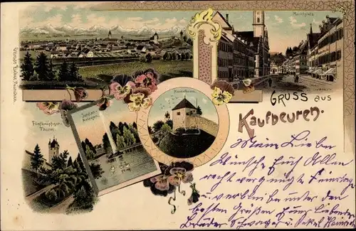 Litho Kaufbeuren an der Wertach in Schwaben, Marktplatz, Fünfknöpfiger Turm, Jordananlagen