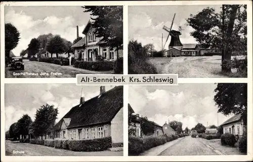 Ak Alt Bennebek in Schleswig Holstein, Windmühle, Schule, Geschäftshaus von Johs. Frahm