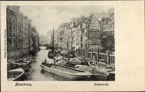 Ak Hamburg, Fleet bei Küterwall, Häuserreihe mit liegenden Booten