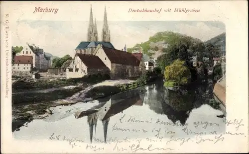 Ak Marburg an der Lahn, Deutschhaushof mit Mühlgraben