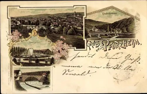 Litho Pforzheim im Schwarzwald, Kupferhammer, Stadtgarten, Brücke