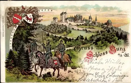 Litho Burg an der Wupper Solingen Nordrhein Westfalen, Schloss Burg, Ritter