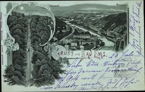 Mondschein Litho Bad Ems an der Lahn, Malbergbahn, Totalansicht