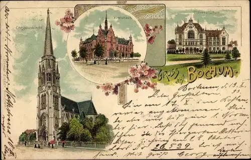 Litho Bochum im Ruhrgebiet, Christuskirche, Kreishaus, Oberrealschule