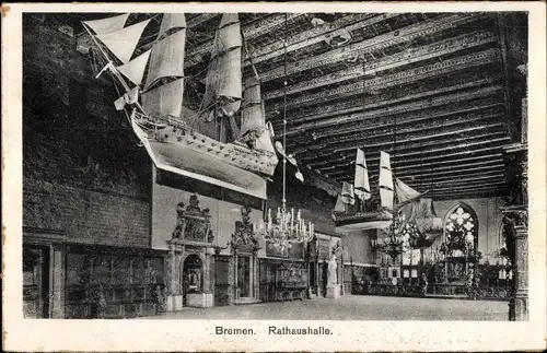 Ak Hansestadt Bremen, Rathaushalle, Modellschiffe