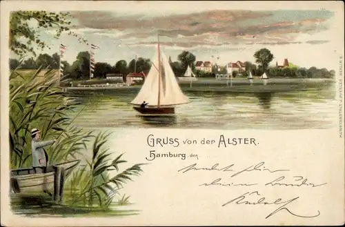 Litho Hamburg, Segelboot auf der Alster, Angler