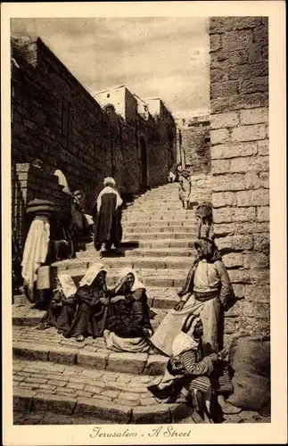 Ak Jerusalem Israel, Straßenszene, Freitreppe, Orientalische Typen