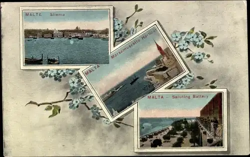 Ak Sliema Malta, Marsamuscetto Habour, Saluting Battery, Hafenpartie, Salutschüsse, Vergissmeinnicht