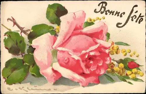 Künstler Ak Klein, Catharina, Rosa Rose und gelbe Blüten