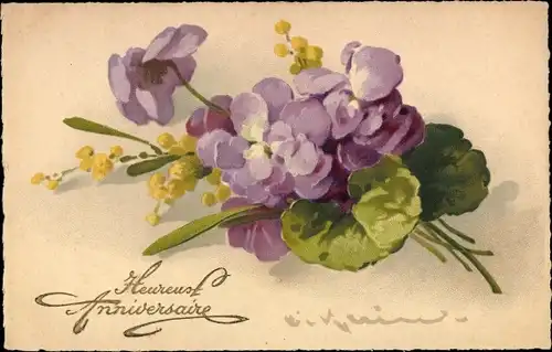 Künstler Ak Klein, C., Glückwunsch, Heureuse Anniversaire, Violette und gelbe Blumen