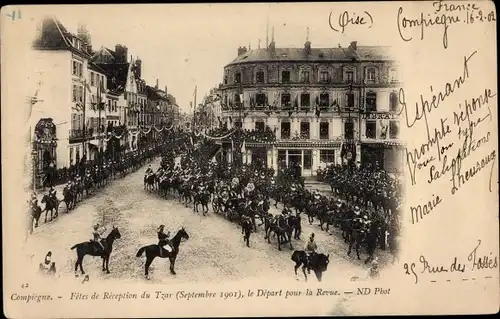 Ak Compiègne Oise, Fetes de Reception du Tzar, Septembre 1901, Depart pour la Revue