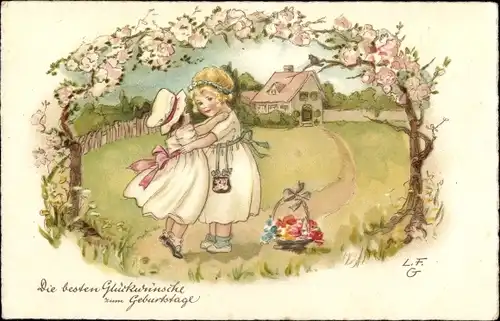 Künstler Ak Glückwunsch Geburtstag, Zwei Mädchen, Blühende Bäume, Blumenkorb