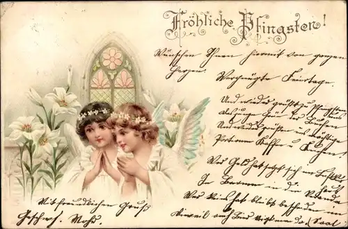 Litho Glückwunsch Pfingsten, Betende Engel, Blumen