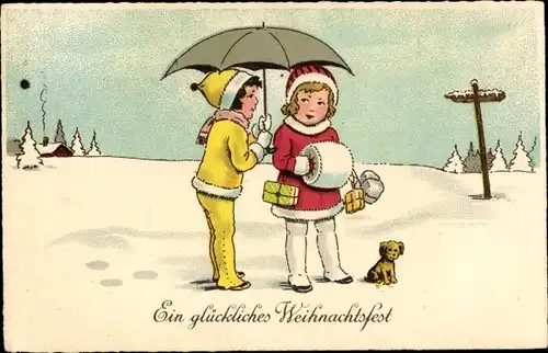Ak Glückwunsch Weihnachten, Mädchen unter einem Schirm, Hund, Wegweiser
