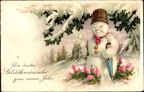 Ak Glückwunsch Neujahr, Schneemann, Schirm, Tannenzweige