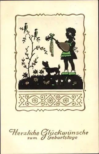 Scherenschnitt Ak Glückwunsch Geburtstag, Mädchen mit Musikinstrument, Singende Vögel