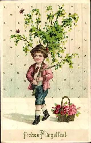 Ak Glückwunsch Pfingsten, Junge mit Birkenzweig, Blumenkorb, Rosen