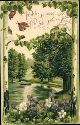 Litho Glückwunsch Pfingsten, Teichpartie, Bäume, Birken, Maikäfer
