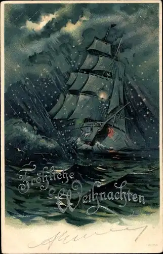 Mondschein Litho Glückwunsch Weihnachten, Segelschiff, Sturm