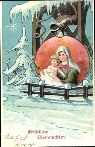 Litho Frohe Weihnachten, Maria mit Jesuskind, Glocken, Tannenbäume, Schnee