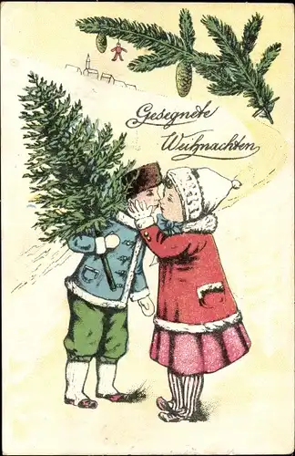 Ak Glückwunsch Weihnachten, Mädchen küsst Jungen, Tannenbaum