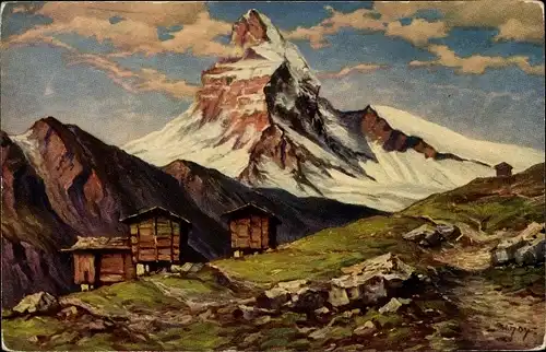 Künstler Ak Hoy, W., Blick auf das Matterhorn, Holzhütten