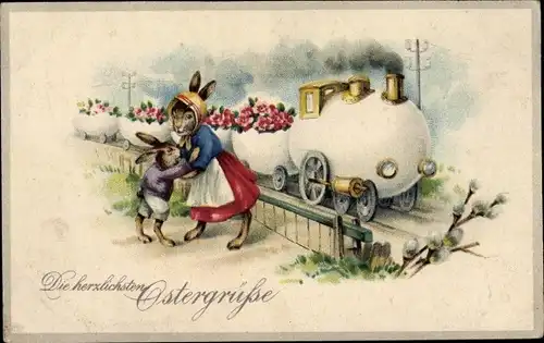 Ak Glückwunsch Ostern, Osterhasen, Eierzug