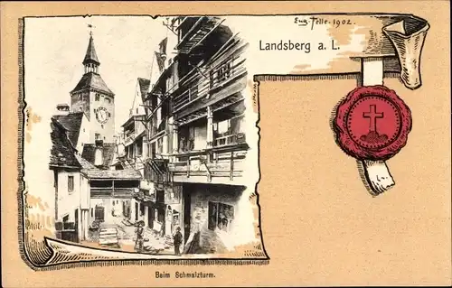 Künstler Ak Felle, Eugen, Landsberg am Lech Oberbayern, Beim Schmalzturm, Siegel