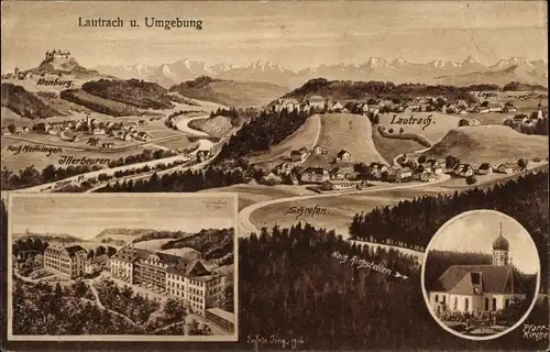 Künstler Ak Felle, Eugen, Lautrach in Schwaben Unterallgäu, Panorama, Umgebung, Pfarrkirche