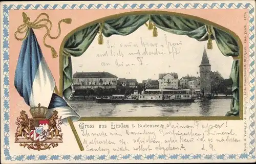 Präge Wappen Passepartout Ak Lindau am Bodensee Schwaben, Teilansicht mit Dampfer