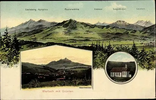 Künstler Ak Felle, Eugen, Wertach im Allgäu, Gesamtansicht, Grünten, St. Sebastian