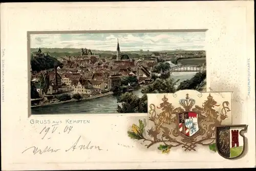 Präge Wappen Passepartout Ak Kempten im Allgäu Schwaben, Gesamtansicht