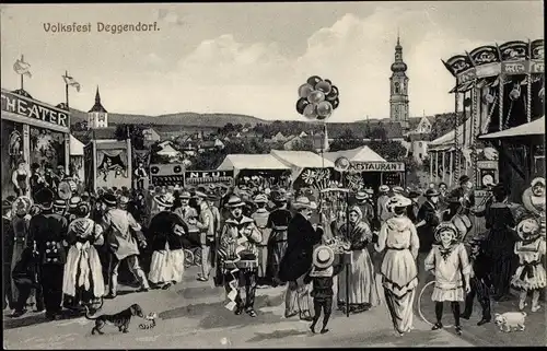 Ak Deggendorf im Bayerischen Wald Niederbayern, Volksfest, Theater, Restaurant, Karussell, Dackel
