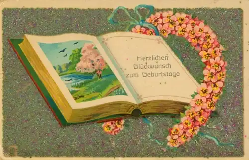 Ak Glückwunsch Geburtstag, Geöffnetes Buch, Blumen