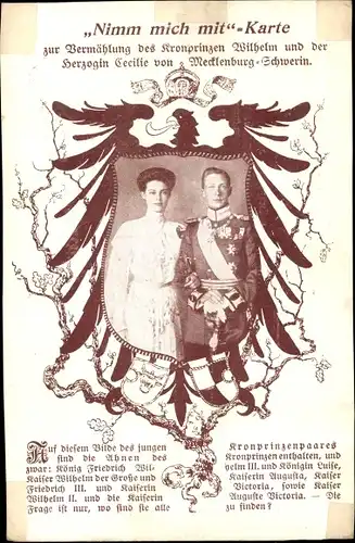 Wappen Passepartout Ak Kronprinzenpaar, Kronprinz Wilhelm von Preußen, Cecilie, Vermählung