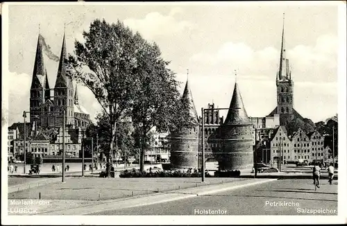 Ak Hansestadt Lübeck, Marienkirche, Holstentor, Petrikirche, Salzspeicher