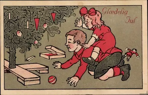 Ak Glückwunsch Weihnachten, Kinder am Tannenbaum, Geschenke