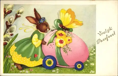 Künstler Ak Glückwunsch Ostern, Vrolijk Paasfeest, Häsin schiebt Wagen mit Osterei, Schmetterling