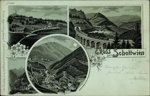 Mondschein Litho Schottwien in Niederösterreich, Semmeringbahn, Maria Schutz, Sonnwendstein