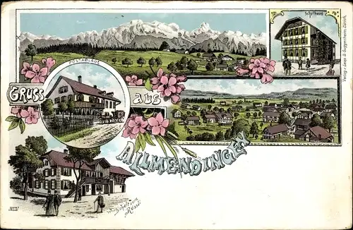 Litho Allmendingen Kanton Bern, Postablage, Schulhaus, Wirtschaft zum Rössli, Panorama