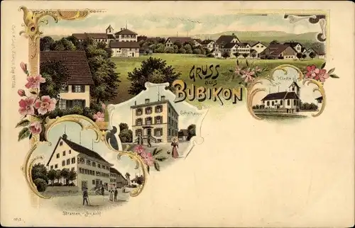 Litho Bubikon Kanton Zürich, Kirche, Schulhaus, Straßenansicht, Gesamtansicht