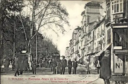 Ak Málaga Andalusien Spanien, Alameda, Acera de la Derecha, tranvía